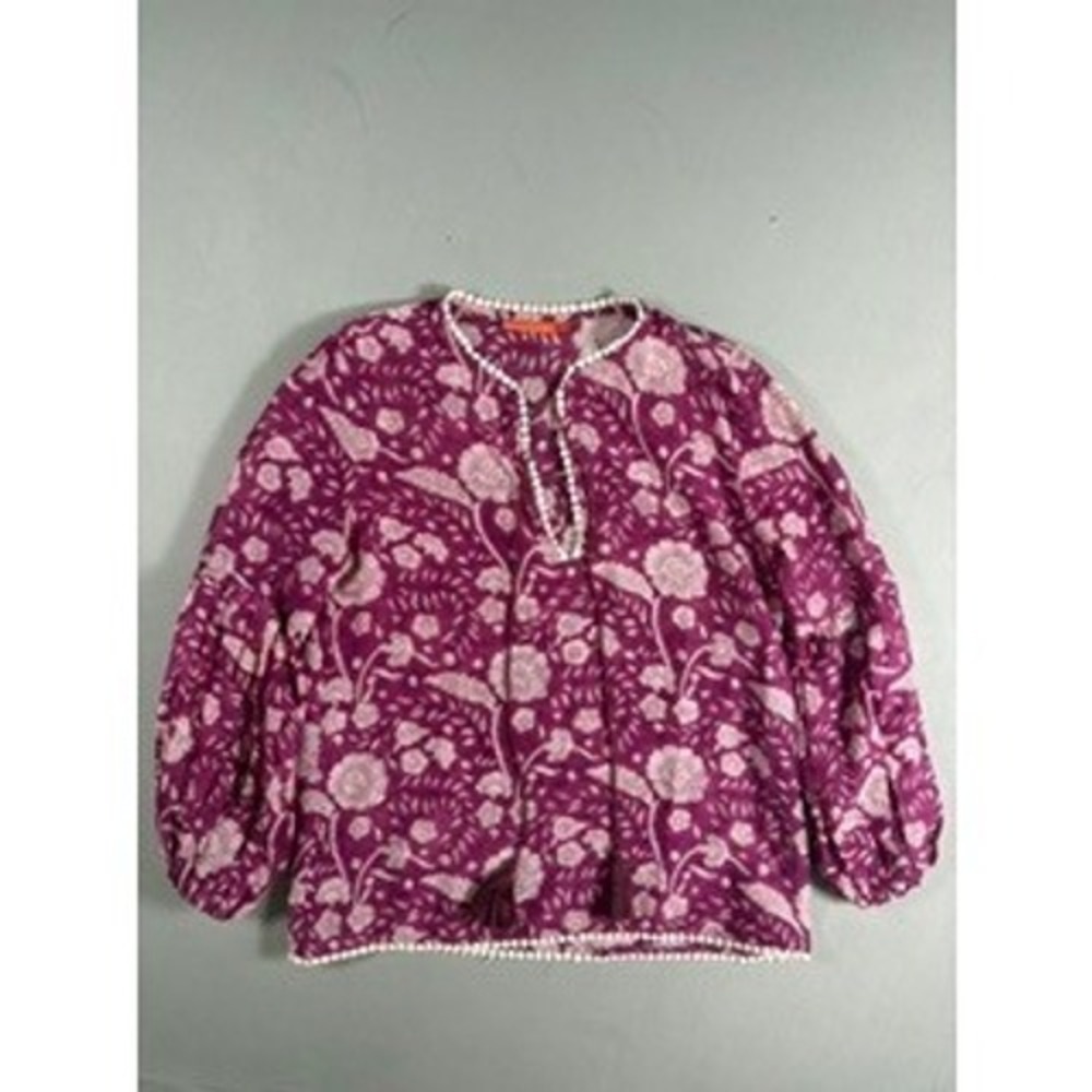 Oliphant Purple Balloon Sleeve Floral Cotton Silk Tassel Trim Blouse Size XS